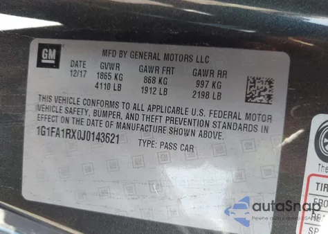 2018 Chevrolet Camaro 1Ls from USA, damaged, VIN 1G1FA1RX0J0143621